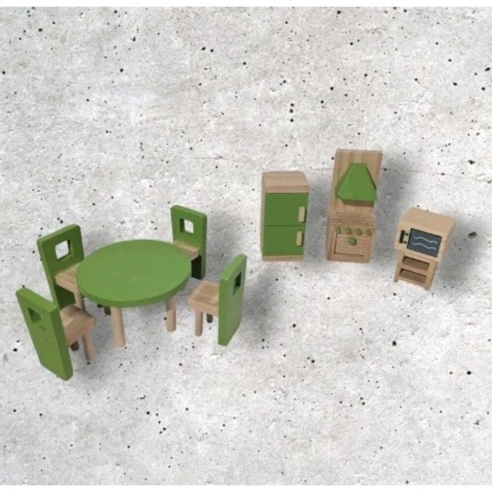 Wooden Dollhouse Furniture Kitchen Dining Room Mini Green Set Of 9